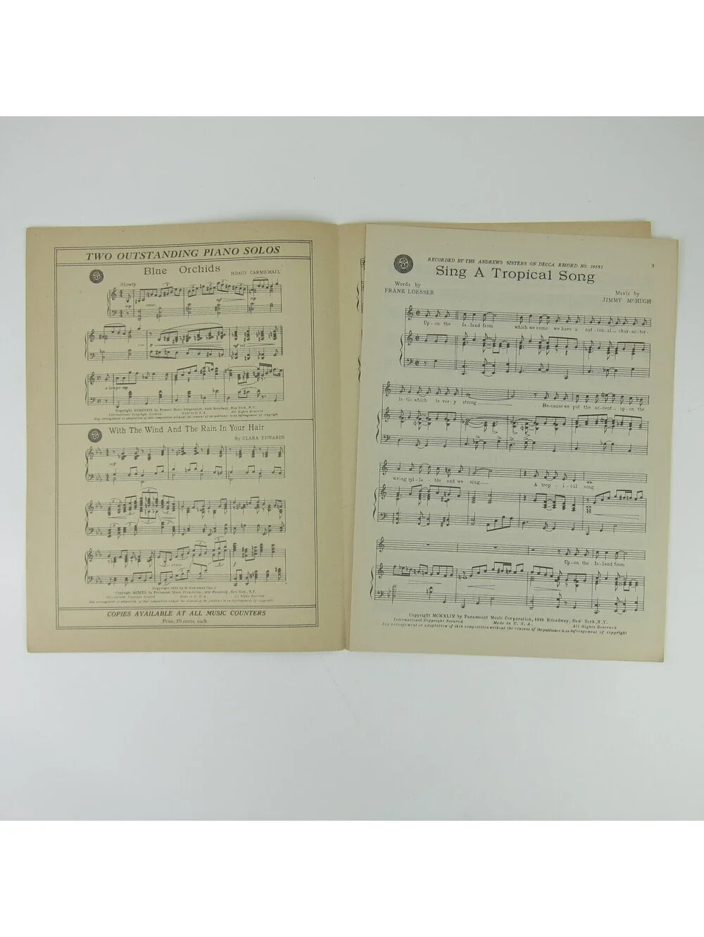 Sheet Music Sing A Tropical Song The Andrews Sisters Decca Record Vintage 1944